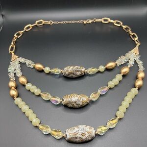 Three-Layered Stone Embellished and Pale Green Beaded Necklace